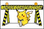 Pixel art of Pikachu wearing a hardhat using a jackhammer in front of a black and yellow safety barrier that says under construction.